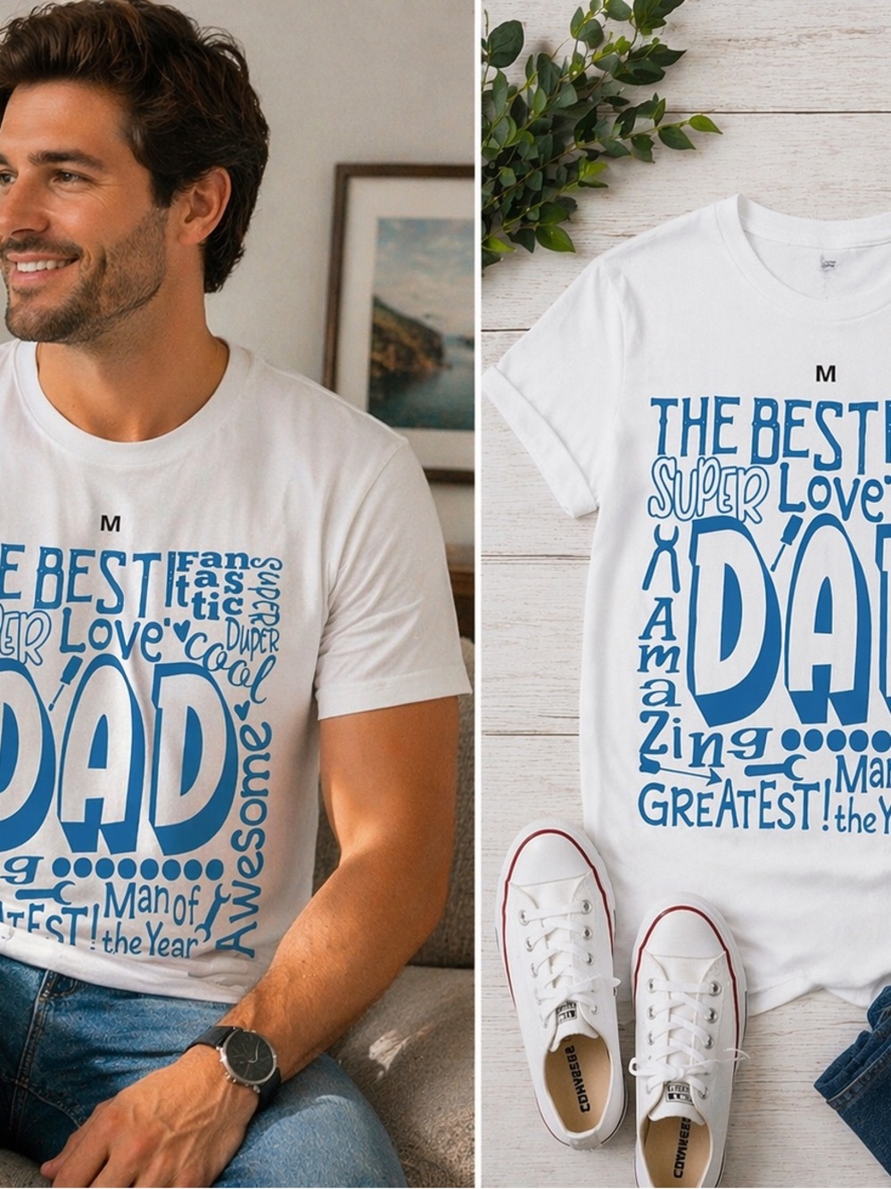 White "DAD" Graphic Tee with Blue Lettering